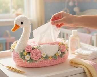 Porta fazzoletti a forma di cigno all'uncinetto, decorazione floreale per la cameretta, porta fazzoletti da bagno fatto a mano in colori pastello