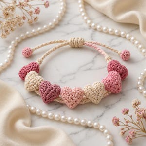 Puede incluir: Pulsera de ganchillo hecha a mano con dijes en forma de corazón en tonos rosa y crema. La pulsera es ajustable y tiene un cierre de nudo macramé. El fondo incluye perlas y detalles florales, creando una estética romántica.