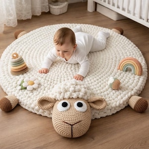 Könnte beinhalten: Ein cremefarbener, runder Babyspielteppich mit Schafdesign. Der Teppich hat einen gehäkelten Schafkopf und -körper mit braunen Akzenten. Zusätzliche gehäkelte Spielzeuge, darunter ein Regenbogen und eine Blume, sind um den Teppich verstreut.
