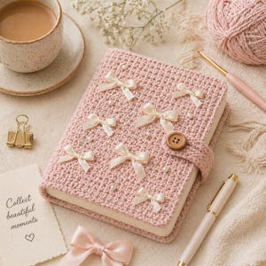 May include: A pink crocheted journal with cream-colored bows and faux pearls. The journal has a button closure and the text "Collect beautiful moments" on a small card. A cup of coffee, pen, and yarn are also in the image.
