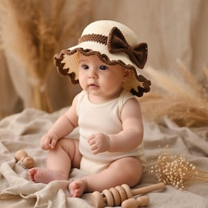 Crochet Baby Sun Hat, Cream Bow, Newborn Photo Prop, Boho Infant Summer Hat