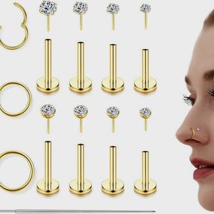 14K Gold Filled Nose Studs, Threadless Flat Back CZ Earrings, Surgical Steel Piercing