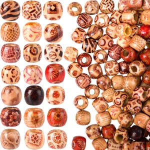 May include: A collection of wooden beads in various sizes and designs. The beads are primarily light brown with dark brown, red, and cream-colored patterns. Some beads have geometric or floral designs, while others have striped or spotted patterns. The beads are suitable for jewelry making.