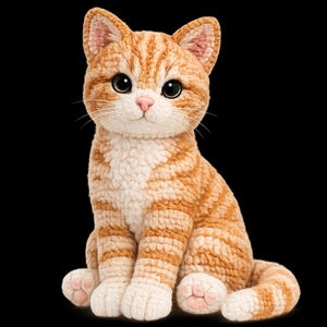 Op de afbeelding: Een gehaakt oranje en wit gestreept kattenfiguurtje met grote donkere ogen, een klein roze neusje en witte snorharen. De kat zit rechtop met de staart om de zijkant gekruld en heeft een duidelijk zichtbare textuur van het gebruikte garen.