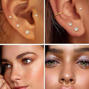 May include: Close-up shots of ears and faces adorned with various types of jewelry. The ears feature multiple piercings with small, sparkling stud earrings and gold hoops. Faces showcase nose rings and lip piercings with small, clear gems.