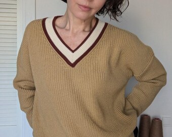 Pull à col en V en laine mérinos moutarde, pull en tricot côtelé anglais, pull à rayures