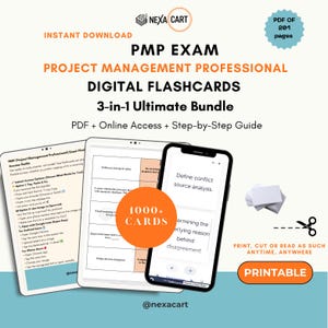 May include: Digital flashcards for the PMP exam, featuring a 3-in-1 ultimate bundle. The image shows a tablet and smartphone displaying flashcard content, along with a stack of paper flashcards. The bundle includes PDF, online access, and a step-by-step guide.