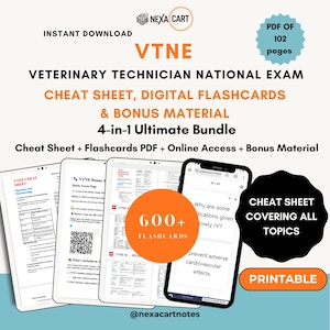 May include: A digital study bundle for the Veterinary Technician National Exam, featuring a 102-page PDF, 600+ flashcards, and bonus materials. The display shows document previews and a smartphone screen with study questions on a light background.
