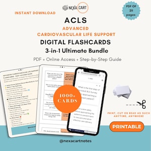 May include: A digital ACLS Advanced Cardiovascular Life Support flashcard bundle featuring a 211-page PDF, online access, and a step-by-step guide. The display shows a tablet and smartphone with study content, a 1000+ cards badge, and printable icons.