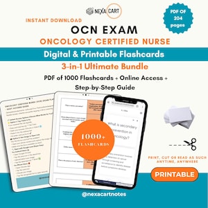 Könnte beinhalten: Ein digitales Lernpaket für die OCN Oncology Certified Nurse Prüfung mit 1000 Karteikarten in einem 204-seitigen PDF. Die Grafik zeigt ein Tablet und ein Smartphone mit Lerninhalten, einen Stapel weißer Karten und den Text 3-in-1 Ultimate Bundle.