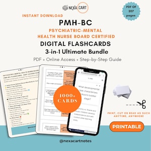 May include: A digital study bundle for PMH-BC Psychiatric-Mental Health Nurse Board Certified exams. Includes a 207-page PDF, online access, and a step-by-step guide. Features 1000+ flashcards displayed on a tablet and smartphone screen.