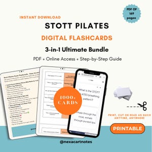 May include: Digital flashcards for STOTT PILATES, a 3-in-1 ultimate bundle. The image shows a tablet, phone, and a stack of cards. The flashcards include over 1000 cards and a step-by-step guide. The product is printable.