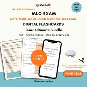 Puede incluir: Tarjetas digitales para el examen MLO. La imagen muestra una tableta, un teléfono inteligente y una pila de tarjetas. El texto incluye "3-en-1 Ultimate Bundle" y "1000+ Tarjetas". Las tarjetas son imprimibles y ofrecen acceso en línea.