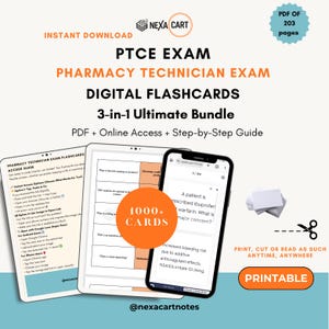 May include: Digital flashcards for the PTCE exam, featuring a 3-in-1 bundle with PDF, online access, and a step-by-step guide. The image shows a tablet and smartphone displaying flashcards, with a stack of index cards and the text "1000+ CARDS".