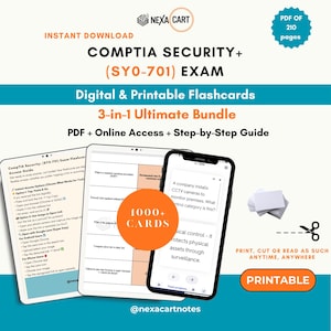 May include: A digital and printable CompTIA Security+ (SY0-701) exam flashcard 3-in-1 ultimate bundle. The image displays a 210-page PDF, an access guide, and a smartphone showing study cards. It includes 1000+ cards, online access, and a guide.