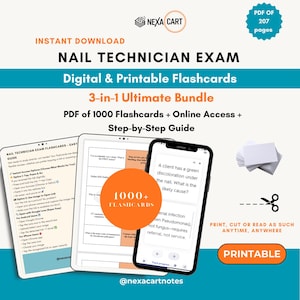 Könnte beinhalten: Ein digitales und druckbares Lernkarten-Set für die Nageldesigner-Prüfung mit 1000 Karten, einer Schritt-für-Schritt-Anleitung und Online-Zugang. Das 207-seitige PDF wird auf einem Tablet und einem Smartphone-Bildschirm angezeigt.