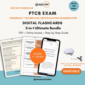 May include: Digital flashcards for the PTCB exam, featuring a 3-in-1 ultimate bundle with PDF, online access, and a step-by-step guide. The image includes a tablet, smartphone, and a stack of cards. The text says "1000+ cards" and "Printable".