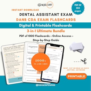 May include: A digital study bundle for the Dental Assistant Exam, featuring a 204-page PDF of 1000 flashcards, online access, and a step-by-step guide. The image displays a tablet and smartphone showing study content, a stack of blank cards, and text.