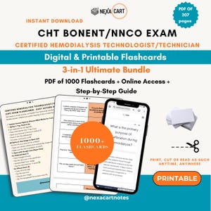 Puede incluir: Un paquete de estudio digital para el examen CHT BONENT/NNCO, con más de 1000 tarjetas de memoria en un PDF de 207 páginas. Incluye una guía paso a paso, acceso en línea y hojas imprimibles. Muestra una tableta y un teléfono inteligente.