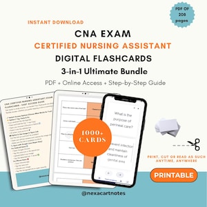 Puede incluir: Paquete de tarjetas digitales para el examen CNA. La imagen muestra una tableta y un teléfono inteligente que muestran tarjetas, con el texto "1000+ TARJETAS". El paquete incluye PDF, acceso en línea y una guía paso a paso. La imagen también incluye el texto "IMPRIMIBLE".
