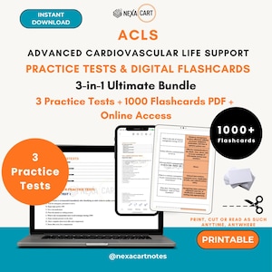 Op de afbeelding: ACLS Advanced Cardiovascular Life Support 3-in-1 bundel met 3 oefentoetsen, 1000+ digitale flashcards en online toegang. Bevat een laptop, smartphone en tablet met studiemateriaal, plus een stapel blanco kaarten en een schaar-icoon.