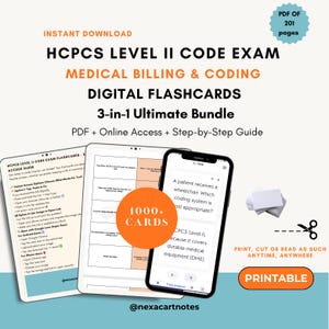 May include: Digital flashcards for the HCPCS Level II Code Exam, Medical Billing & Coding. The image shows a tablet, phone, and stack of cards. The bundle includes PDF, online access, and a step-by-step guide. The text says "1000+ cards" and "Printable".