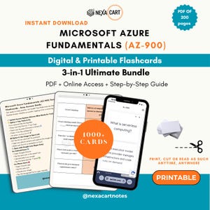 Op de afbeelding: Een digitale en printbare 3-in-1 bundel met Microsoft Azure Fundamentals AZ-900 flashcards. De set bevat een PDF van 200 pagina's, online toegang en een stapsgewijze handleiding. De afbeelding toont een tablet, een smartphone en kaarten.