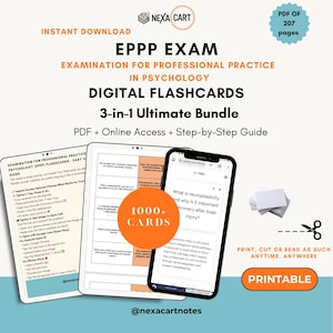 May include: Digital flashcards for the EPPP exam in psychology. The image shows a tablet, phone, and stack of cards. The bundle includes PDF, online access, and a step-by-step guide. The image also includes the text "Printable".