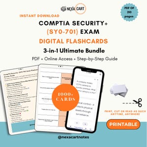 Puede incluir: Tarjetas didácticas digitales para el examen CompTIA Security+ (SY0-701). La imagen muestra una tableta, un smartphone y una pila de tarjetas didácticas. El paquete incluye PDF, acceso en línea y una guía paso a paso. Las tarjetas son imprimibles.