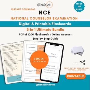 Puede incluir: Un paquete de estudio digital para el National Counselor Examination con 1000 tarjetas didácticas, una guía paso a paso y acceso en línea. El gráfico muestra una tableta y un teléfono inteligente con contenido, tarjetas en blanco y texto.