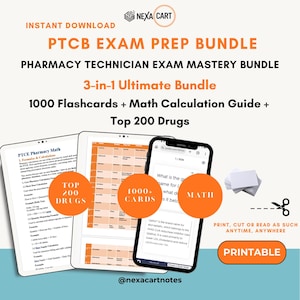 May include: A digital download bundle for PTCB exam prep. The image shows a tablet and smartphone displaying study materials, including flashcards, a math guide, and top drugs. The bundle is labeled as a 3-in-1 ultimate package.