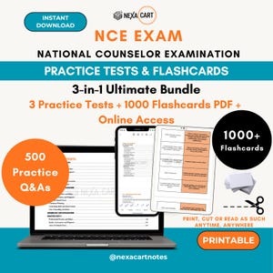 Puede incluir: Un paquete de estudio digital para el examen NCE con una computadora portátil que muestra pruebas, un teléfono inteligente y tarjetas didácticas. El texto incluye NCE Exam, 3-in-1 Ultimate Bundle, 500 Practice Q&As y 1000+ Flashcards.