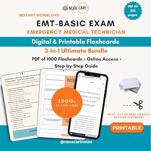May include: A digital 3-in-1 bundle for EMT-Basic exam preparation, featuring a 202-page PDF, 1000 flashcards, and an online access guide. The graphic displays a tablet and smartphone showing study content, a stack of blank cards, and scissors.