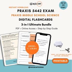 Może przedstawiać: Cyfrowe fiszki do egzaminu Praxis 5442, Middle School Science. Obraz przedstawia tablet, smartfon i stos fiszek. Fiszki to pakiet 3 w 1 z plikiem PDF, dostępem online i przewodnikiem krok po kroku. Pakiet zawiera ponad 1000 fiszek.