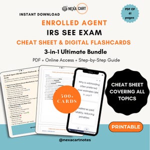 Op de afbeelding: Een digitaal studiepakket voor het Enrolled Agent IRS SEE-examen, inclusief een pdf van 61 pagina's, 500+ flashcards en een stapsgewijze handleiding. Het scherm toont een tablet- en smartphone-interface met belastingvragen.
