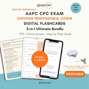 Op de afbeelding: Digitale flashcards voor het AAPC CPC-examen, een 3-in-1 ultieme bundel. De afbeelding toont een tablet, een telefoon en een stapel papier. De tekst bevat "Direct downloaden", "Gecertificeerde professionele codeur" en "Afdrukbaar".
