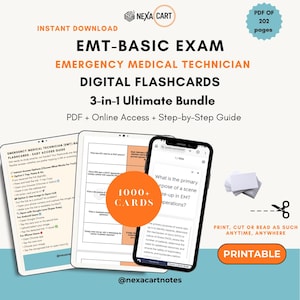 May include: Digital EMT-Basic Exam flashcards bundle. The image shows a tablet, phone, and stack of cards. The text includes "EMT-Basic Exam," "Digital Flashcards," and "Printable." The bundle includes over 1000 cards and a step-by-step guide.