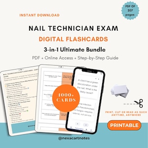 May include: Digital flashcards for the Nail Technician Exam, featuring a 3-in-1 bundle with PDF, online access, and a step-by-step guide. The image shows a tablet, phone, and flashcards with the text "1000+ CARDS" and "PRINTABLE".