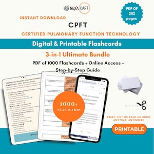 May include: A digital and printable 3-in-1 bundle of 1000 CPFT Certified Pulmonary Function Technology flashcards. Includes a 202-page PDF, online access, and a step-by-step guide. Features a tablet and smartphone displaying study content.