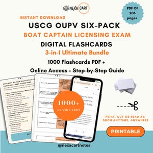 Puede incluir: Un paquete de estudio digital para el examen de capitán de barco USCG OUPV Six-Pack, que incluye 1000 tarjetas de memoria en un PDF de 206 páginas, acceso en línea y una guía paso a paso. El conjunto incluye tarjetas imprimibles y contenido móvil.
