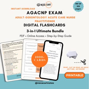 May include: Digital flashcards for the AGACNP exam, featuring over 1000 cards. The bundle includes PDF, online access, and a step-by-step guide. The image shows a tablet and smartphone displaying flashcard content, with a stack of blank cards.