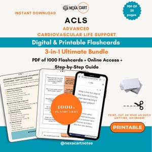 Op de afbeelding: Een digitaal en printbaar ACLS Advanced Cardiovascular Life Support 3-in-1 pakket met 1000 flashcards, online toegang en een stapsgewijze handleiding. De set bevat een PDF van 211 pagina's, een tablet en een smartphone met studiemateriaal.