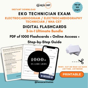 Op de afbeelding: Een digitaal 3-in-1 pakket met EKG-technicus examenflashcards, bestaande uit 1000 kaarten in een PDF van 202 pagina's. Inclusief een online toegangslink, een stapsgewijze handleiding en printbare kaarten. Tekst: EKG Technician Exam, NHA CET.