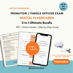 May include: Digital flashcards for the Probation/Parole Officer Exam. The image shows a tablet, phone, and stack of cards. The text includes "3-in-1 Ultimate Bundle" and "1000+ Cards". The flashcards are printable.