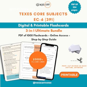 Puede incluir: Un recurso de estudio digital titulado TEXES CORE SUBJECTS EC-6 (391) 3-in-1 Ultimate Bundle. Incluye un PDF de 204 páginas, 1000 tarjetas de memoria y una guía paso a paso. La imagen muestra una tableta y un teléfono con contenido.
