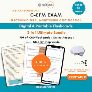 Puede incluir: Paquete de 1000 tarjetas de estudio digitales e imprimibles para el examen C-EFM en un PDF de 201 páginas. Incluye una guía paso a paso, acceso en línea e instrucciones para materiales de estudio de certificación de monitoreo fetal.
