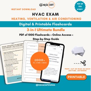 Könnte beinhalten: Ein digitales HVAC-Prüfungslernpaket mit über 1000 Lernkarten, einem Online-Zugangsleitfaden und einer Schritt-für-Schritt-Anleitung. Das Bild zeigt ein Tablet und ein Smartphone mit Lerninhalten sowie den Text HVAC EXAM.