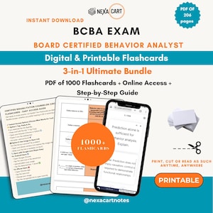May include: A digital and printable BCBA exam study bundle featuring 1000 flashcards in a 206-page PDF. The graphic displays a tablet and smartphone showing study content, a stack of blank cards, and text including Nexa Cart and @nexacartnotes.