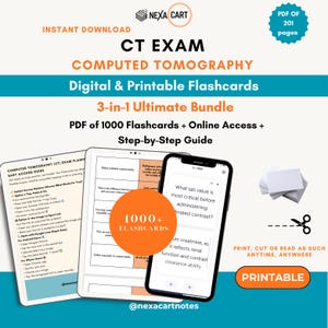 May include: A digital study bundle for CT Exam Computed Tomography featuring 1000 flashcards in a 201-page PDF. The graphic displays a tablet and smartphone showing study guides, a stack of blank white cards, and scissors with a dashed line.