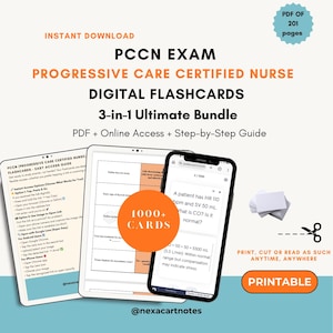 Può includere: Flashcard digitali per l'esame PCCN, con un pacchetto 3-in-1 con PDF, accesso online e una guida passo passo. L'immagine mostra un tablet e uno smartphone che visualizzano il contenuto delle flashcard, con una pila di carte e il testo "Stampabile".